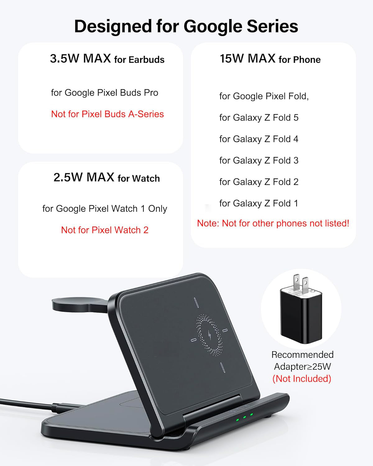 3 In 1 Fast Wireless Charger for Google Pixel Fold 9 Pro