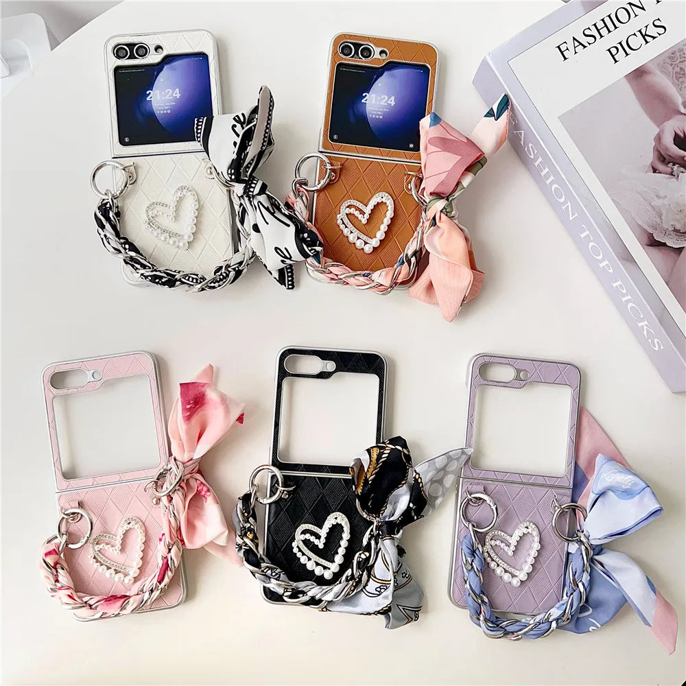 DIY Diamond Heart Pattern Scarf Leather Case for Samsung Galaxy Z Flip5