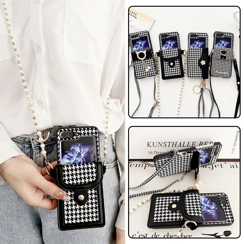 Luxury Houndstooth Case for Samsung Galaxy Z Flip 5 with Pearl PU Leather Strap