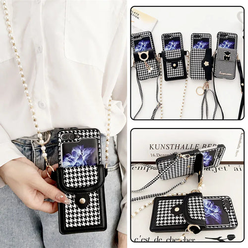 Luxury Houndstooth Case for Samsung Galaxy Z Flip 5 with Pearl PU Leather Strap