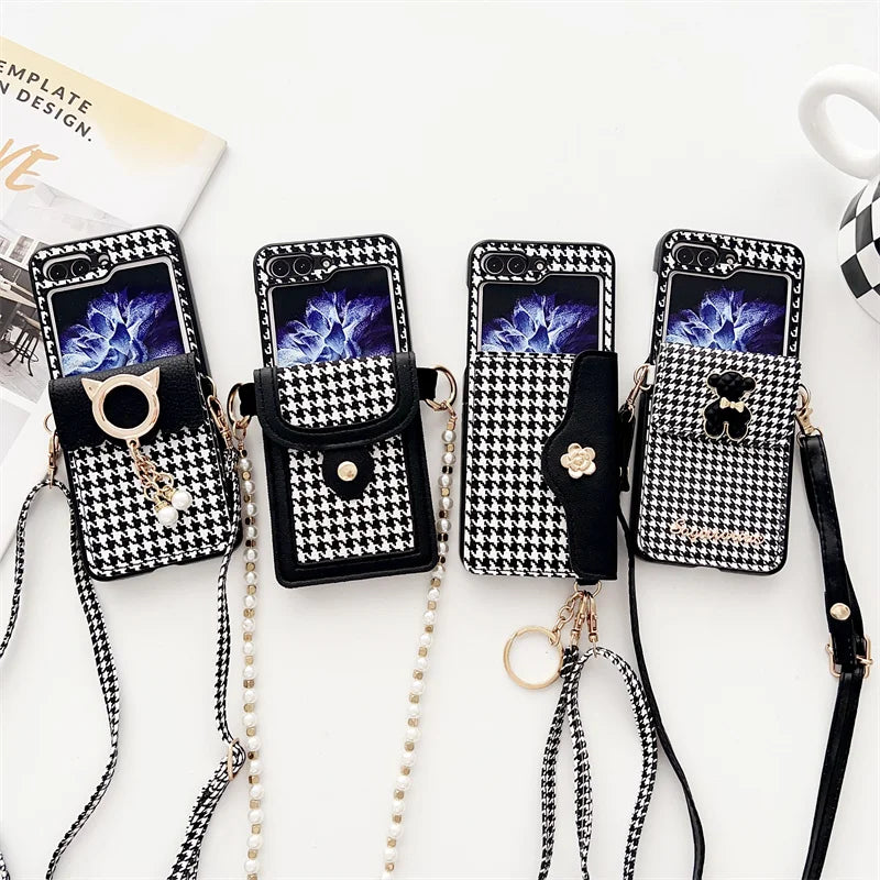 Luxury Houndstooth Case for Samsung Galaxy Z Flip 5 with Pearl PU Leather Strap