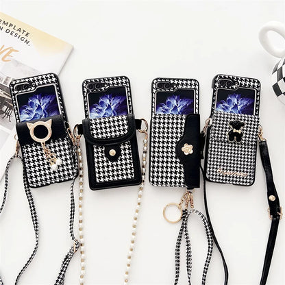 Luxury Houndstooth Case for Samsung Galaxy Z Flip 5 with Pearl PU Leather Strap