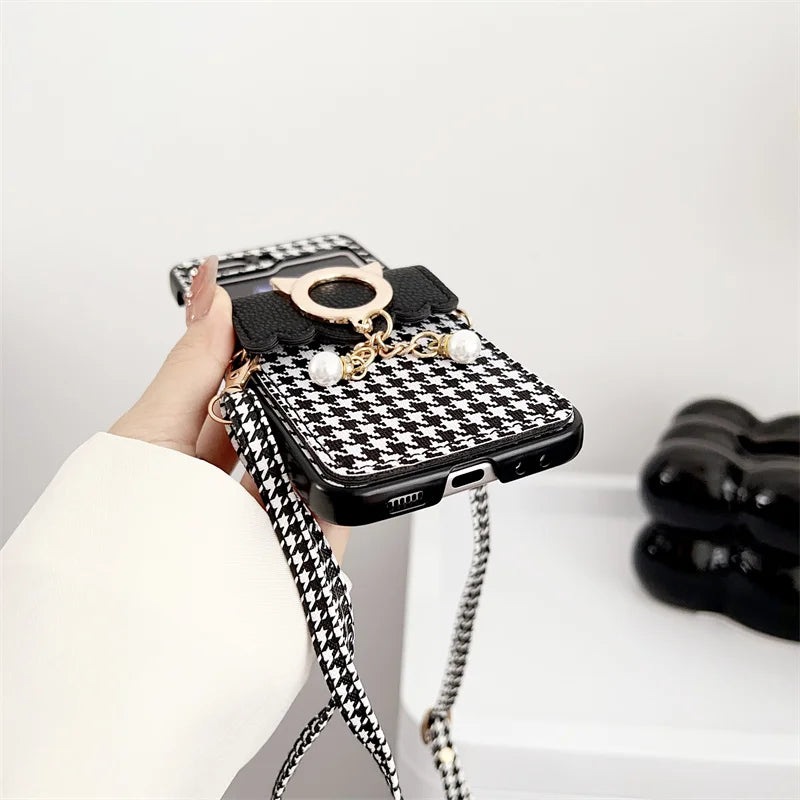 Luxury Houndstooth Case for Samsung Galaxy Z Flip 5 with Pearl PU Leather Strap