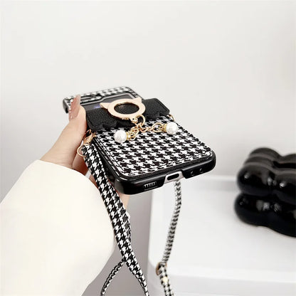 Luxury Houndstooth Case for Samsung Galaxy Z Flip 5 with Pearl PU Leather Strap