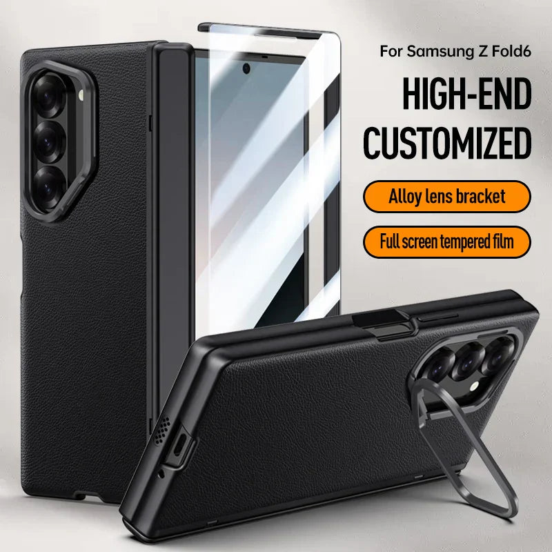 Luxury Leather with Bracket and Screen Protector Case for Samsung Z Fold 6